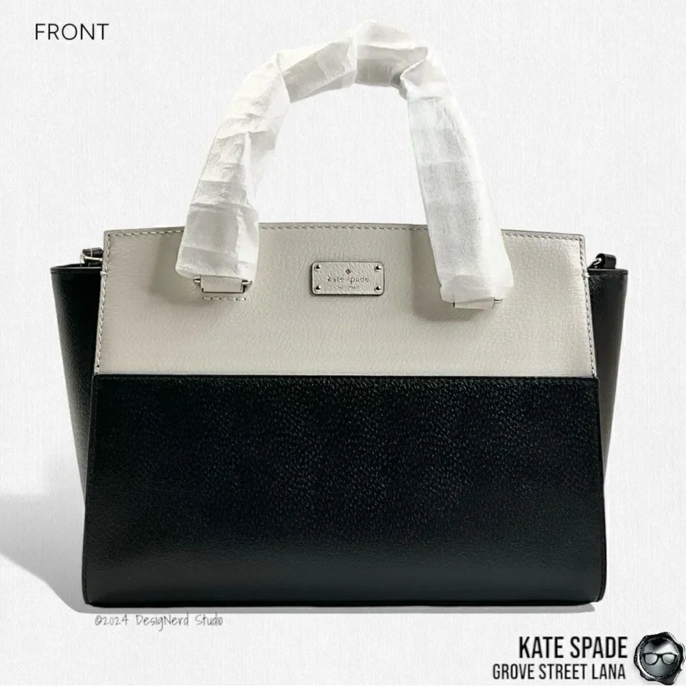 KATE SPADE GROVE STREET LANA LEATHER SATCHEL IN BLACK/CREAM WITH CROSSBODY STRAP
